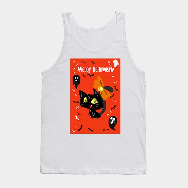 Orange Happy Halloween - Black Cat with a Bow Tank Top by saradaboru